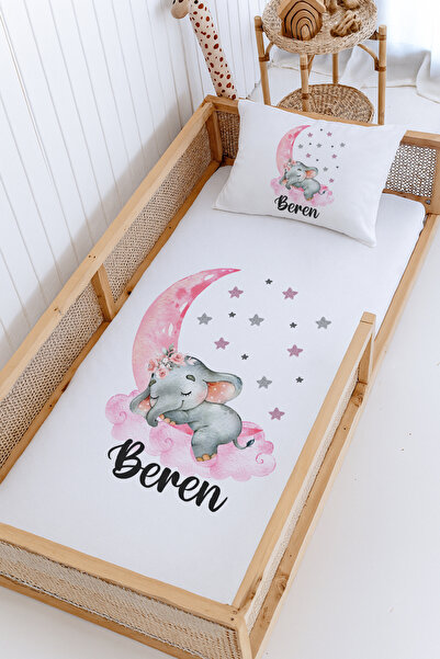 Lilabio %100 Pamuk İsme Özel Montessori Yatak Pike Seti 100x200 Pembe Fil