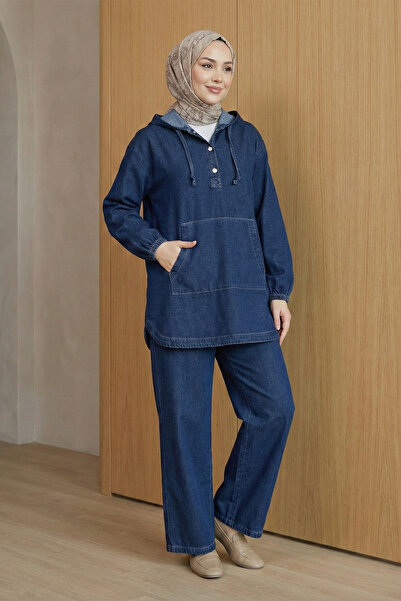 Kirazgym Kangaroo Pocket Hooded Denim Set with Snap Buttons on the Front, Nav...