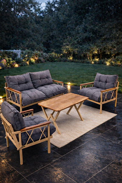 UFUK HOME Miray Cappuccino 211 Masalı Gri Fermuarlı Düğmeli Bahçe Oturma Grub...