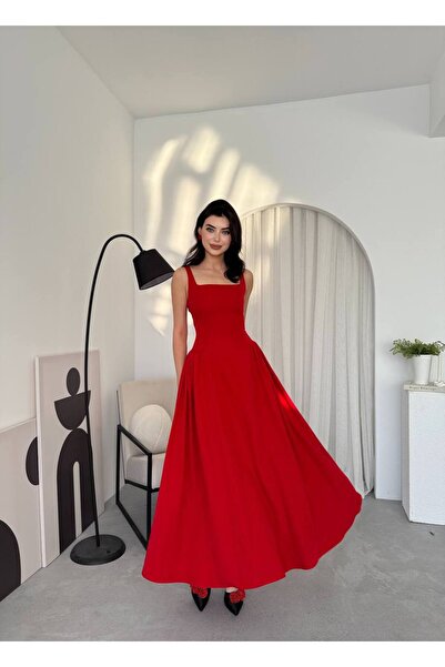 ETİKAFASHION Kare Yaka Askılı Kloş Uzun Elbise