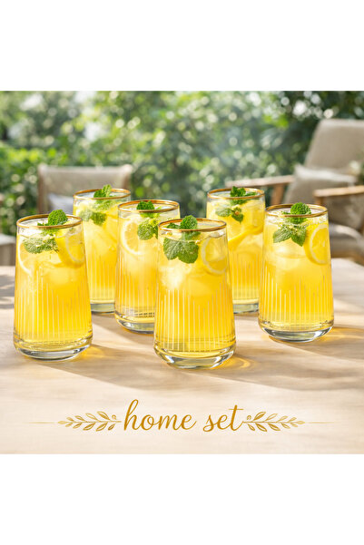 HOME SET 6’lı Gold Detaylı Çizgili Cam Meşrubat Bardağı Seti – Modern & Şık T...