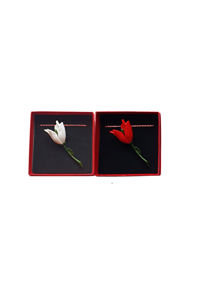 Abundo Set of 2 martisor brooches 6.5 x 5 cm, White and Red Tulips with green...