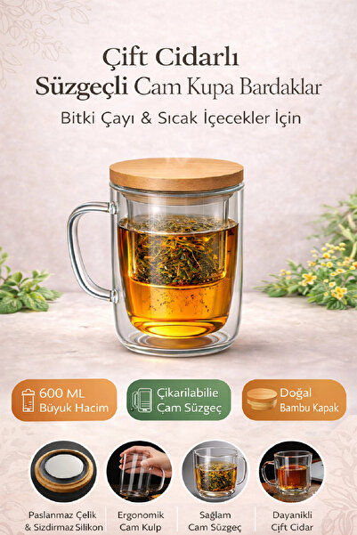 Berdina Home Glass Mug with Strainer Double Walled Heat Insulated Bamboo Lid ...