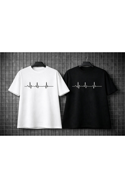 metsawear Pulse Line Printed Oversize Black-White T-Shirt 100% Cotton Unisex ...