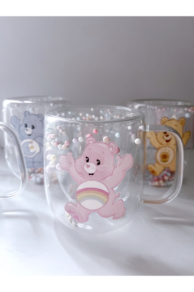 Rolin Design Pembe Care Bear Boncuklu Çift Çidarlı Cam Kupa
