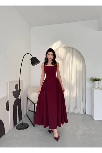 ETİKAFASHION Kare Yaka Askılı Kloş Uzun Elbise