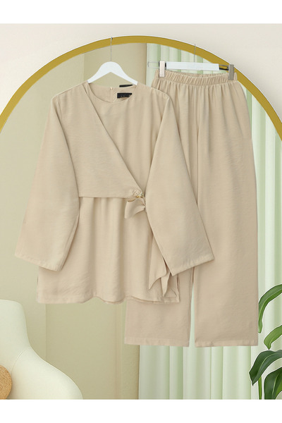 Modamorfo Modal Suit with Cross-Tied Belted Trousers - Beige