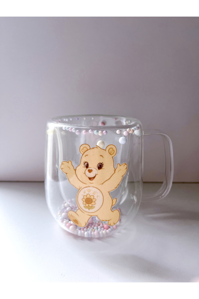 Rolin Design Sarı Care Bear Boncuklu Çift Çidarlı Cam Kupa