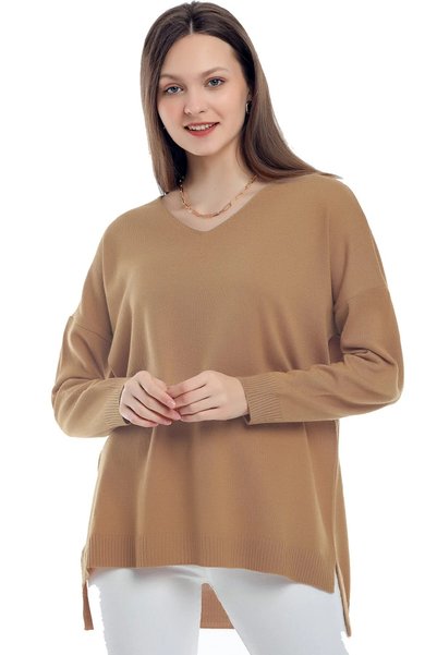 ORZUQLIFE V-neck Long T Sleeve Back Long Front Short Slit Loose Cut Seasonal Basic Loose Knitwear Sweater