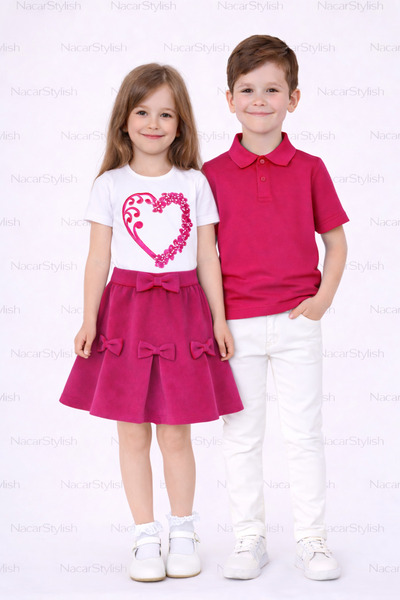 Nacar 23 Nisan 29 Ekim Kız&Erkek Çocuk Double Kumaş Etek-Kalp Baskı Tshirt-La...