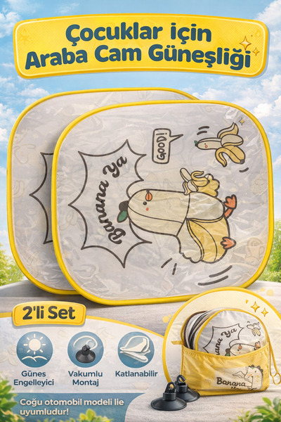 ALUWISE Çocuklar İçin Araba Cam Güneşliği 2’li Set – Muz Desenli Vakumlu Oto ...
