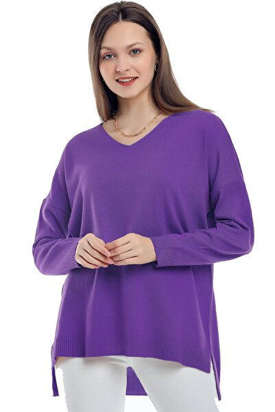 ORZUQLIFE V-neck Long T Sleeve Back Long Front Short Slit Loose Cut Seasonal ...