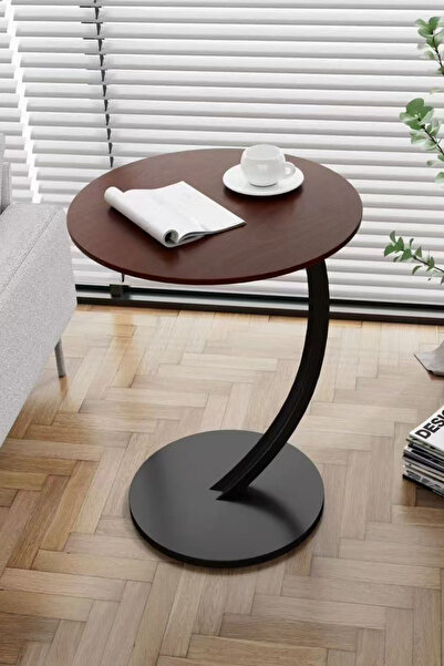 Ch A smart round C-shaped side table with a dark brown wooden top and a curve...