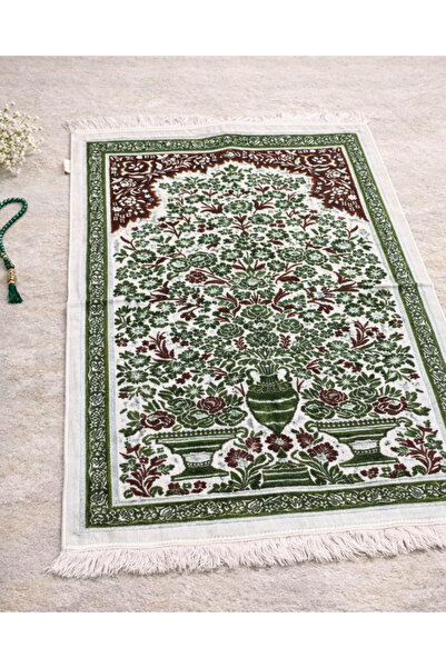 SUFİ TESBİH & ESANS VE HEDİYELİK Green Floral Patterned Prayer Rug with Fring...