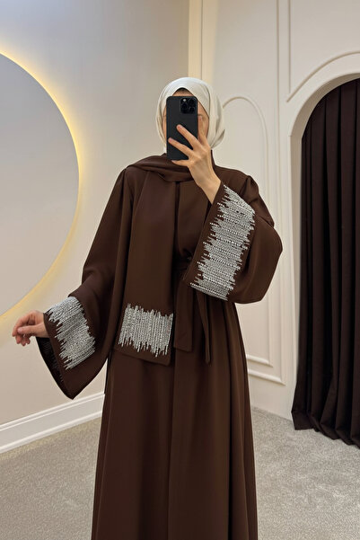 Molly Nelly Kadın Uzun Kolları Taş Detaylı Kuşaklı Krep Abaya