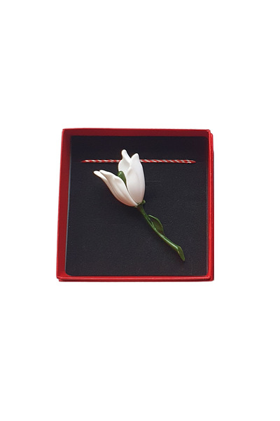 Abundo Elegant Martisor brooch, White Tulip with green stem 6.5 cm