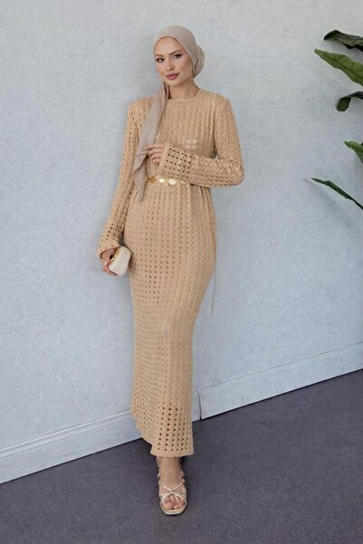Şulemoda Giyim Palmiye Mesh Dress Beige
