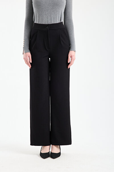 NURVELA Women's Black High Waist Buttoned Wide Leg Lycra Palazzo Trousers