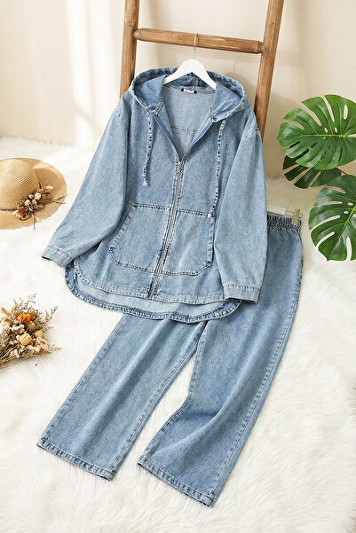 MODAQU Zippered Hooded Pocket Detailed Denim Two-Piece Set Blue