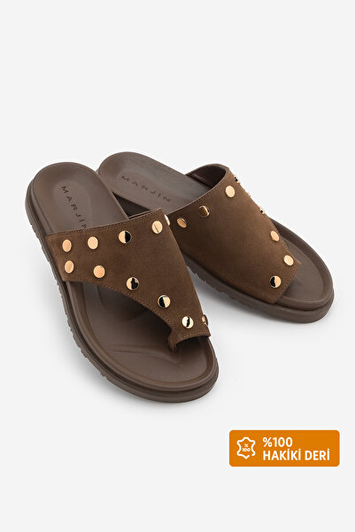 Marjin Women's Genuine Leather Flip-Flop Slippers with Straps and Studs, Nobi...