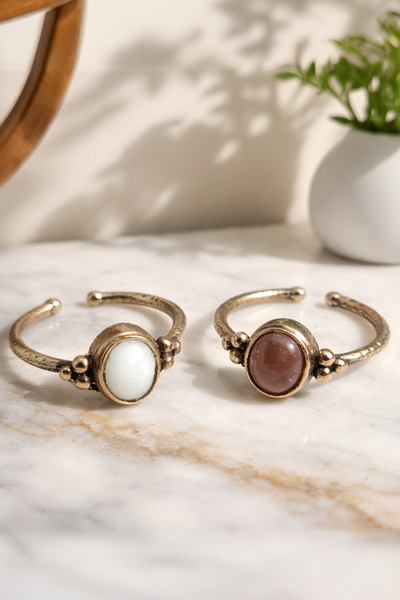 NBS Beautiful Naturel Stones Pure Copper 2 Pieces Agate and Selenite Ring Adj...