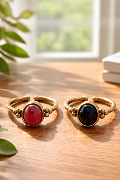 NBS Beautiful Naturel Stones Pure Copper 2 Pieces Agate Ring Adjustable