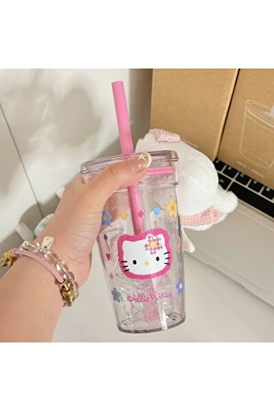 Choice3 كوب سانريو هيلو كيتي الوردي ذو المصاصة، كوب ماء بلاستيكي شفاف كبير ال...
