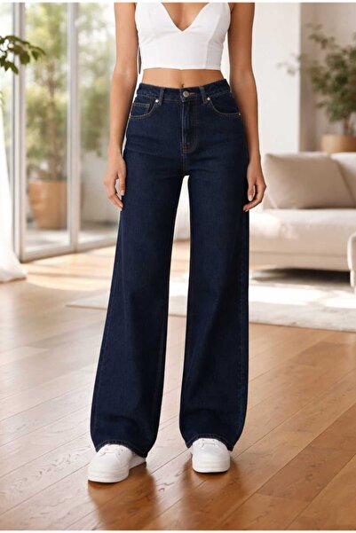 NWC Pantaloni Palazzo din denim lycra, albastru marin, super înalți, pentru f...
