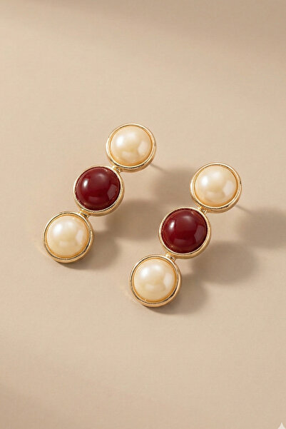 AURRARİ Gold Triple Burgundy and White Pearlescent Earrings