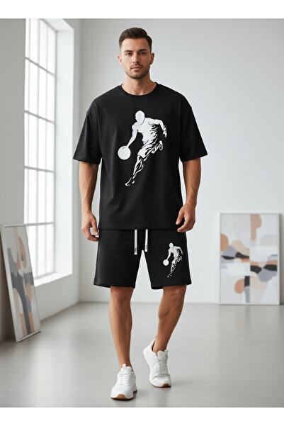 ship master Men's Black Basketball Printed Shorts 2-Piece Sports Set