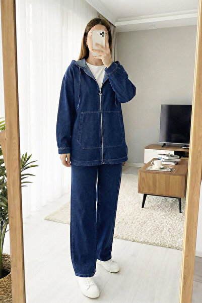 MODAQU Zippered Hooded Pocket Detailed Denim Two-Piece Set Indigo