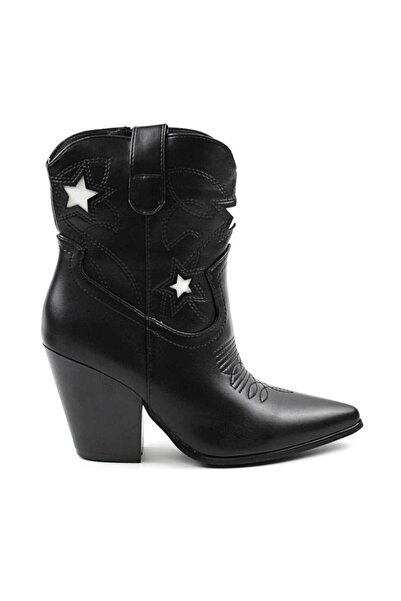mm Women's country style ankle boots with white stars D8213-BLACK