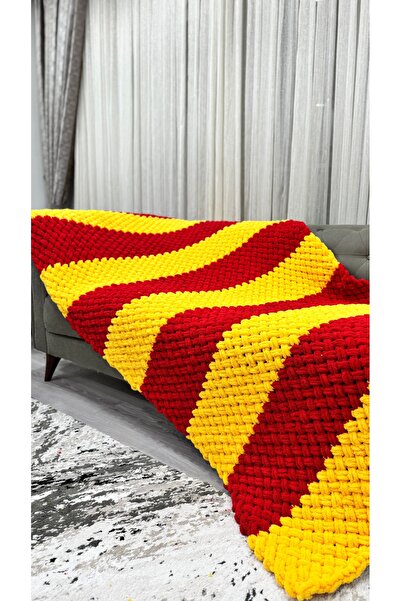 Alize Puffy El Örgüsü Tek Kişilik Puffy Totem Battaniyesi - Sarı Kırmızı