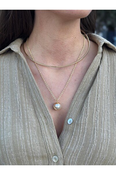 RA By Melisa İncili Çok Yönlü Halka ve Zincirli Choker Çelik Kolye