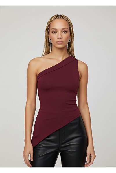 Linich&Co Burgundy Asymmetrical Stretchy Crop Top Blouse 5058