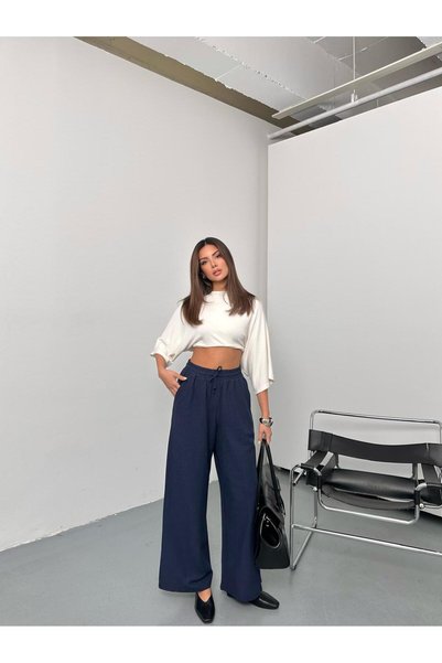 QUASAR Fashion Elastic Waist, Lace-Up, Wide-Let Palazzo Linen Pants