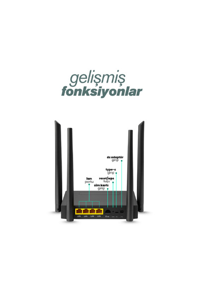 Midcom B825 300 Mbps 2.4 GHz. 4G/5G Sim Kartlı 4 Anten 4 Port RJ45 Taşınabilir Router Wifi 6 Modem