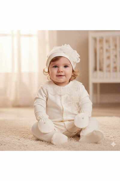 coppa kids Coppa Baby Ecru Lace Baby Girl Romper Set – with Hat and Gloves, S...
