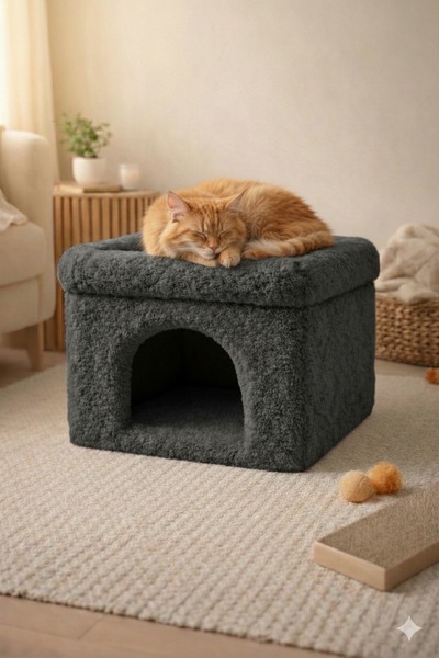 eda hacıoğlu edam bedding group Antrasit Teddy Kumaşlı Kedi Evi Yumuşak Peluş...