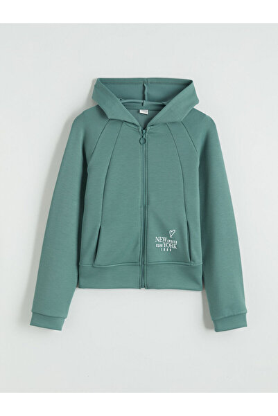 LC Waikiki Hanorac verde cu glugă cu imprimeu pentru fete cu fermoar