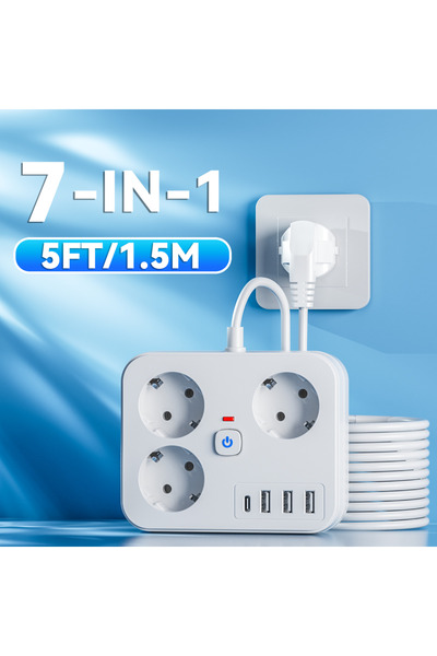 Choice شريط توصيل كهربائي أبيض بطول 5 أقدام، مزود بقابس أوروبي، 7 في 1، قابل ...