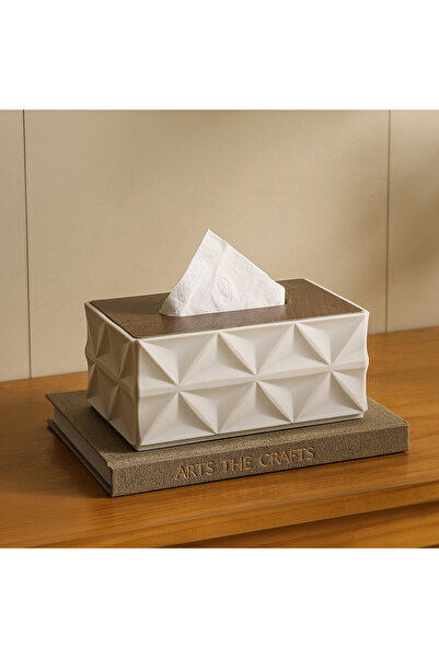 Choice علبة مناديل بيضاء كبيرة السعة بتصميم مموج، منظم مكتبي بسيط بغطاء خشبي ...