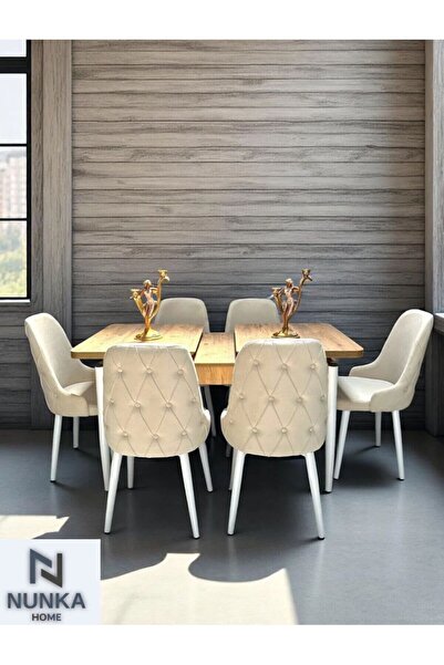 NUNKA HOME Şato Serisi Mutfak ve Salon Yemek Masası Takımı Krem +6 Sandalyeli...