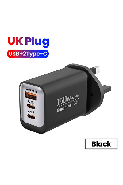 Choice شاحن هاتف محمول أسود من النوع C بقوة 150 واط، يدعم الشحن السريع USB QC...