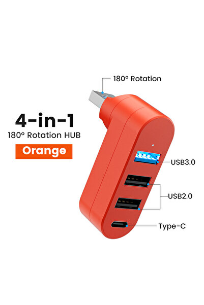 choice2 Orange 4 Port USB 3.0 Hub 90° 180° Rotatable 3 USB A 1 USB C Power Da...