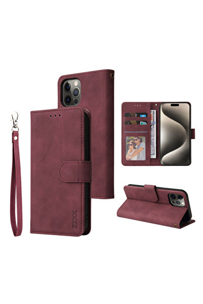 Choice56 جراب وحزام لهاتف آيفون 14 بلس، لون أحمر خمري، محفظة ZZXX، حامل بطاقا...