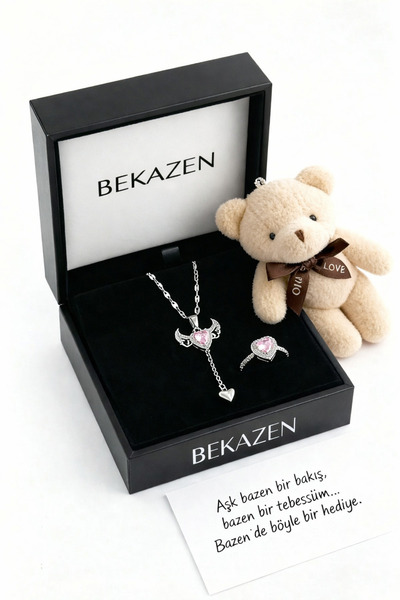BEKAZEN Sevgililer Günü Hediyesi 2'li Gümüş Kanatlı Kolye Kalp Yüzük Ve Ayıcı...