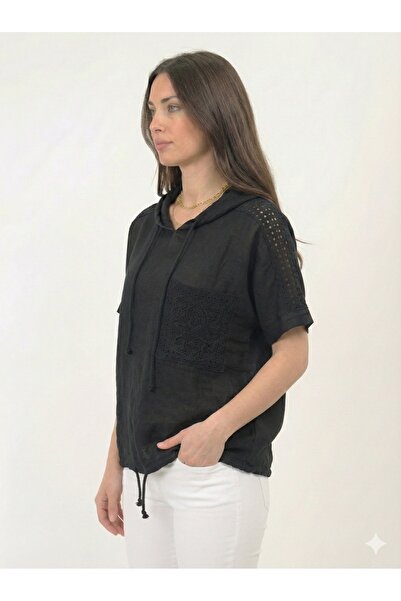 della moor Black Italian Oversize Linen Blouse with Scalloped Sleeves and Hem...