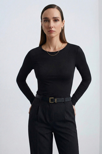 Qaju Women's Long Sleeve Crew Neck Basic Blouse -Black