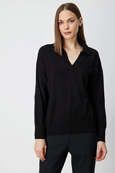 On Fashion Women's One-Shoulder Embroidered Shirt Collar Black Sweater 66359